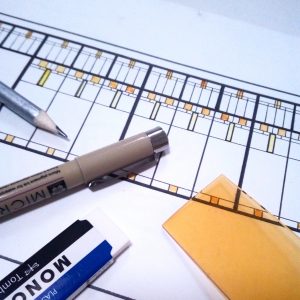 Maquette, projet pour l'habillage une verrière atelier avec des vitraux, dessin à l'aquarelle - Honfleur, Normandie